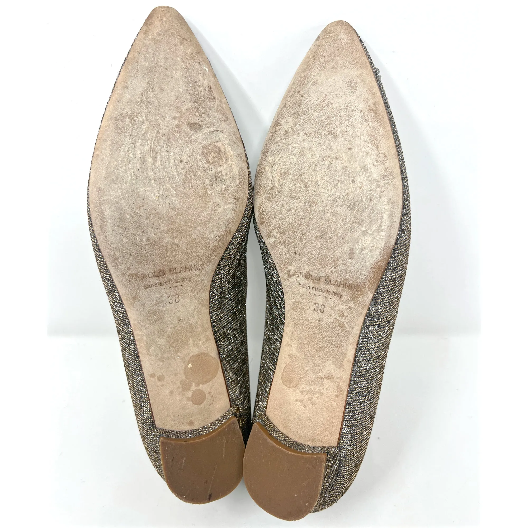 Manolo Blahnik Hangisi Gold Silver Metallic Lurex Crystal Buckle Pointed Flats Size EU 38