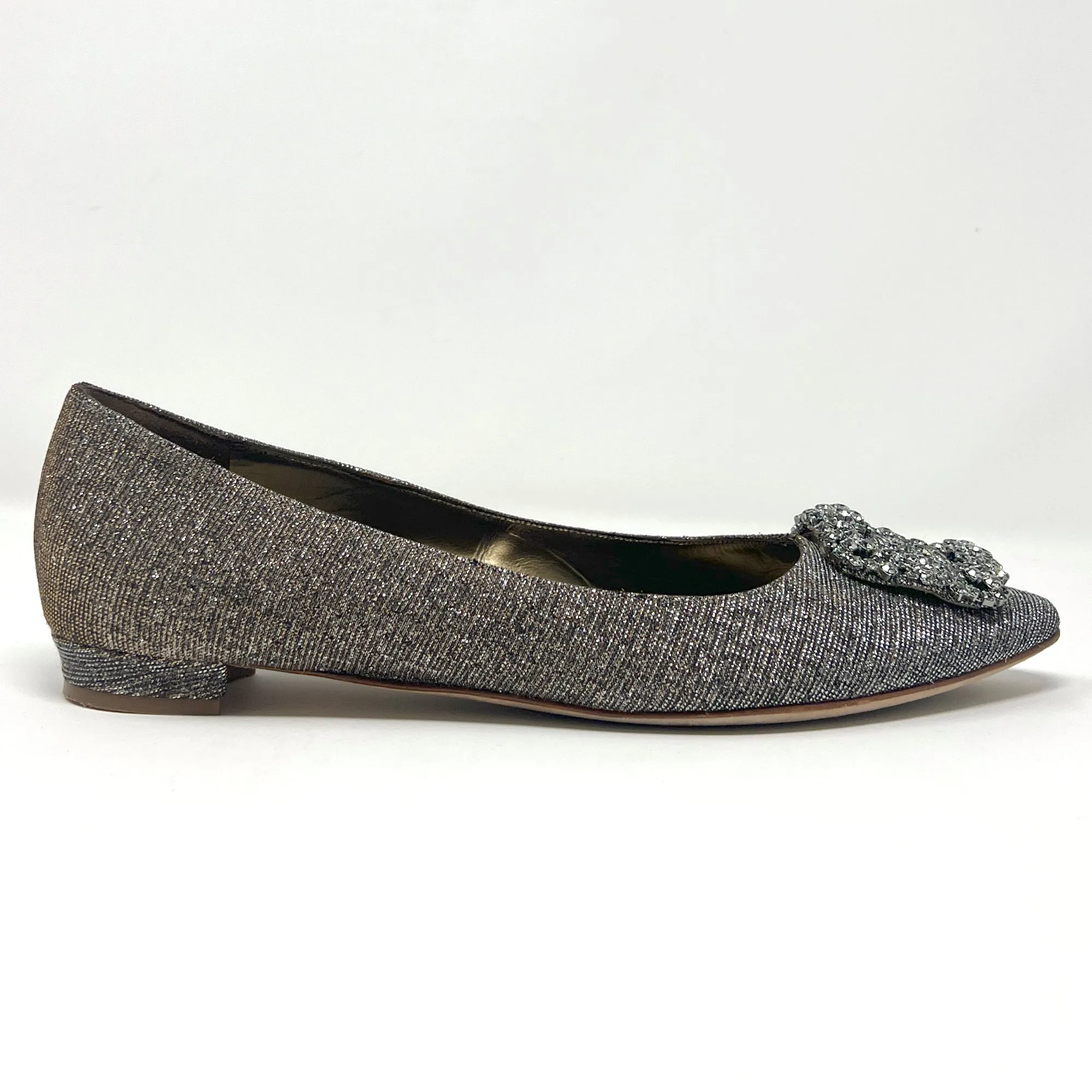 Manolo Blahnik Hangisi Gold Silver Metallic Lurex Crystal Buckle Pointed Flats Size EU 38