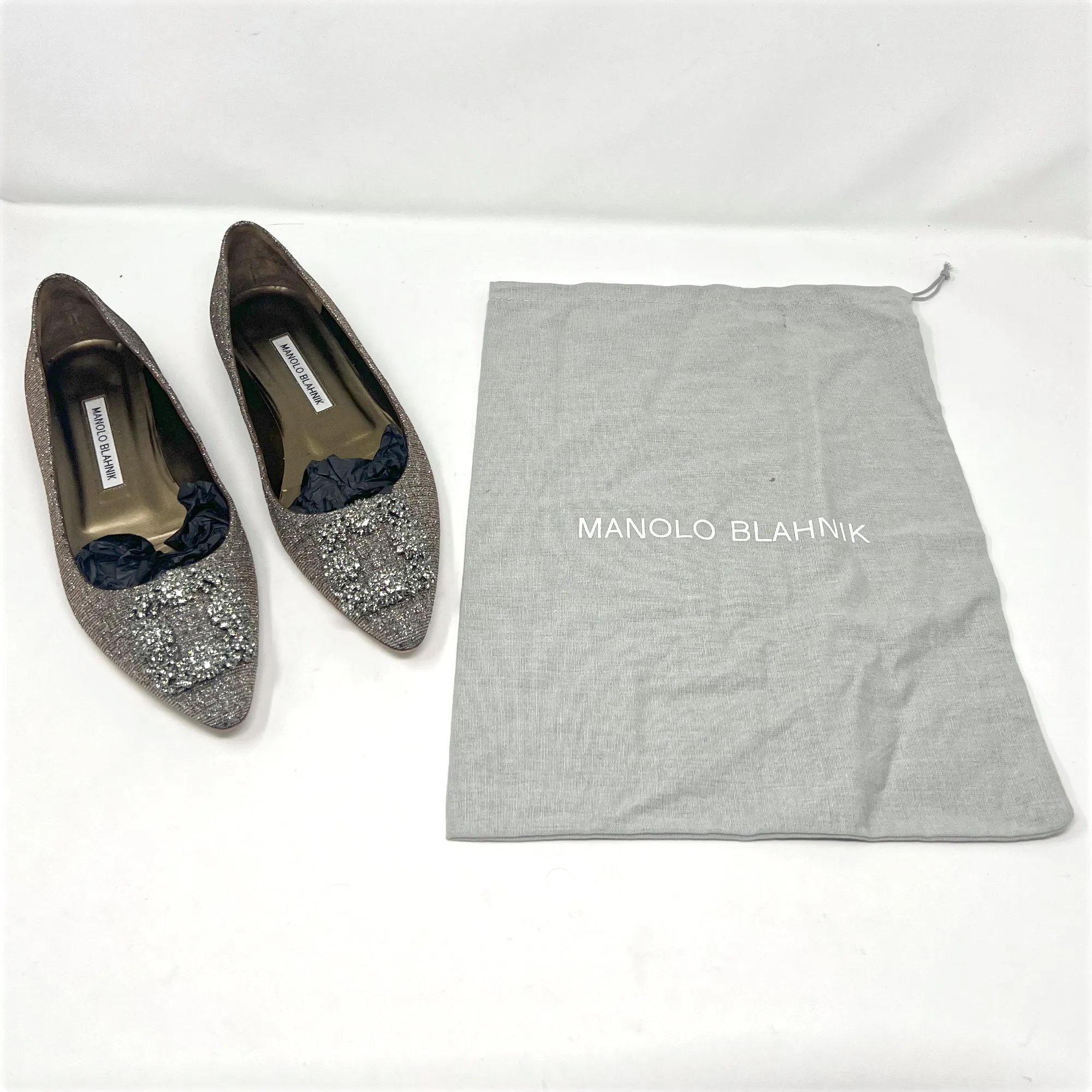 Manolo Blahnik Hangisi Gold Silver Metallic Lurex Crystal Buckle Pointed Flats Size EU 38