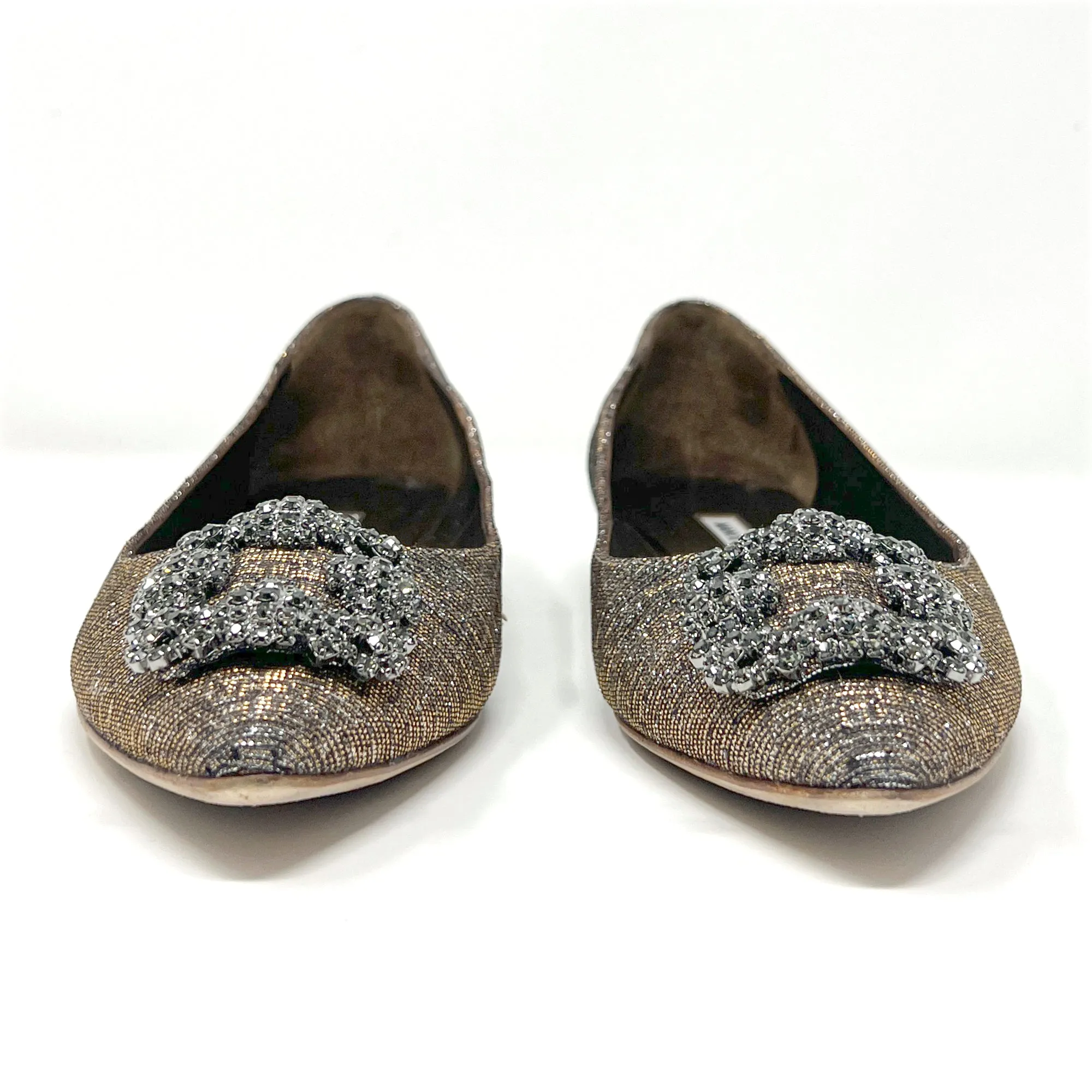 Manolo Blahnik Hangisi Gold Silver Metallic Lurex Crystal Buckle Pointed Flats Size EU 38