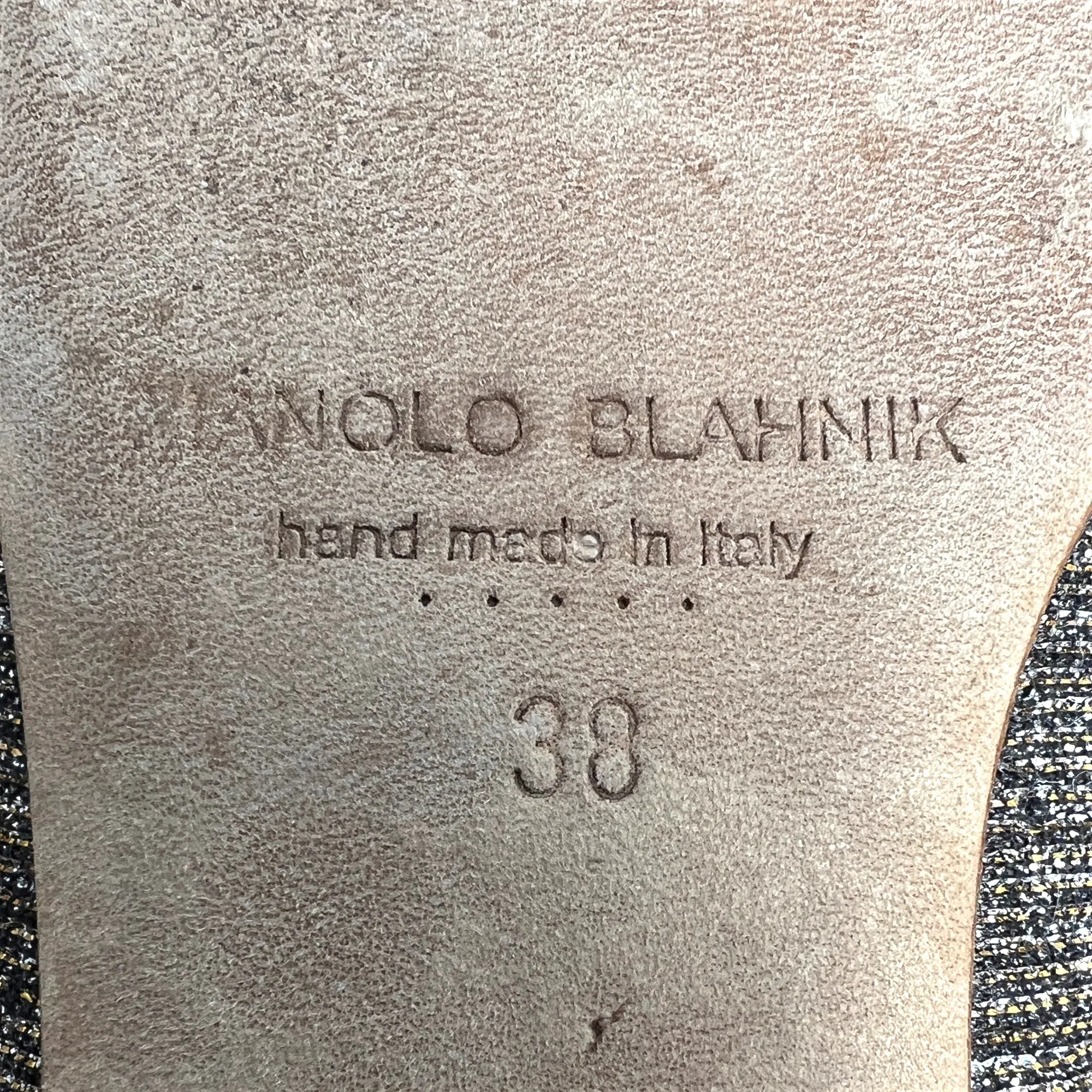 Manolo Blahnik Hangisi Gold Silver Metallic Lurex Crystal Buckle Pointed Flats Size EU 38