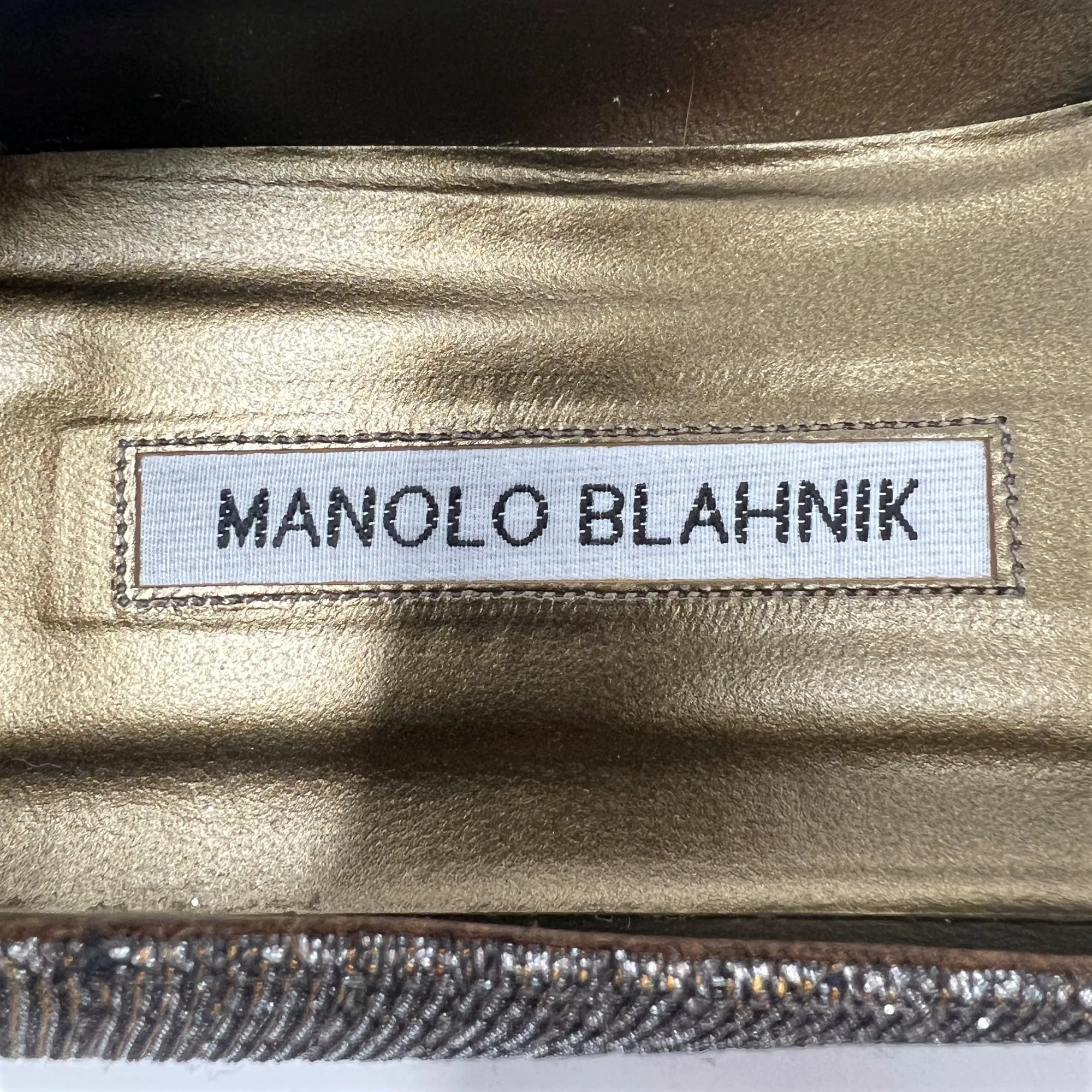 Manolo Blahnik Hangisi Gold Silver Metallic Lurex Crystal Buckle Pointed Flats Size EU 38