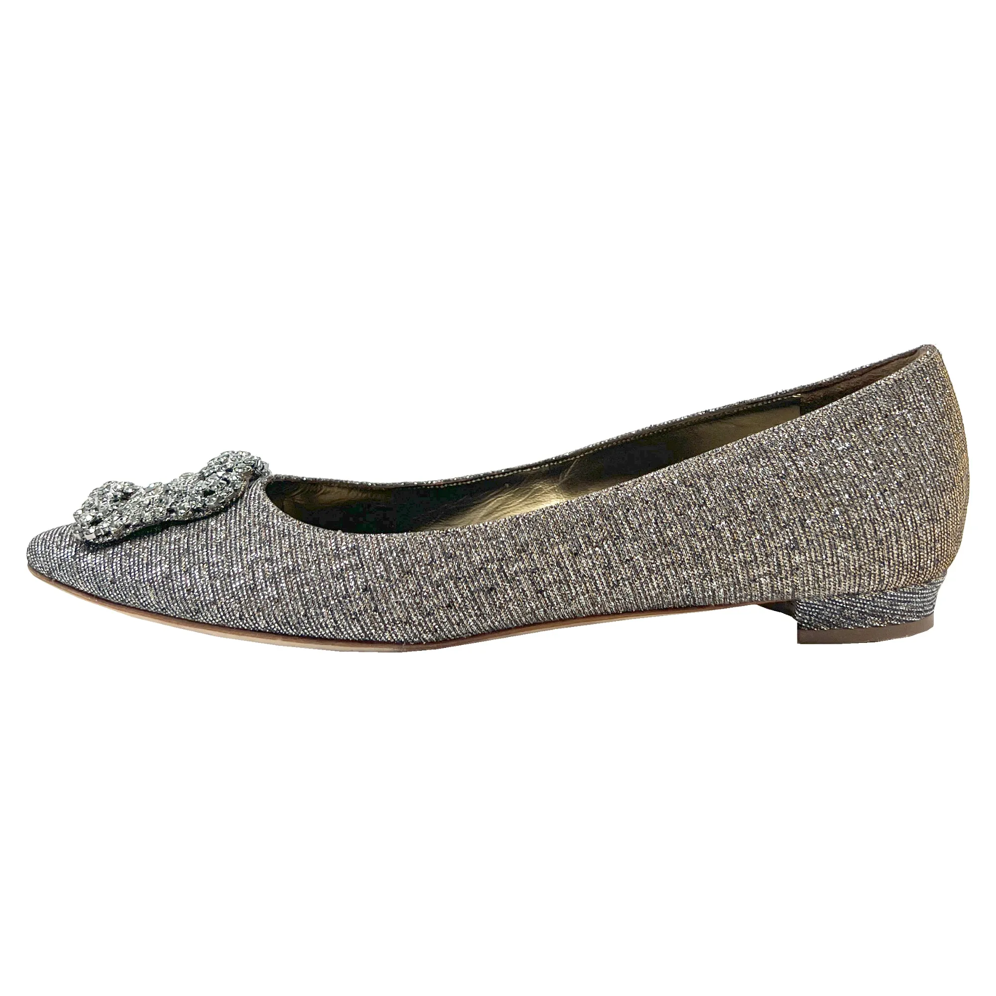Manolo Blahnik Hangisi Gold Silver Metallic Lurex Crystal Buckle Pointed Flats Size EU 38