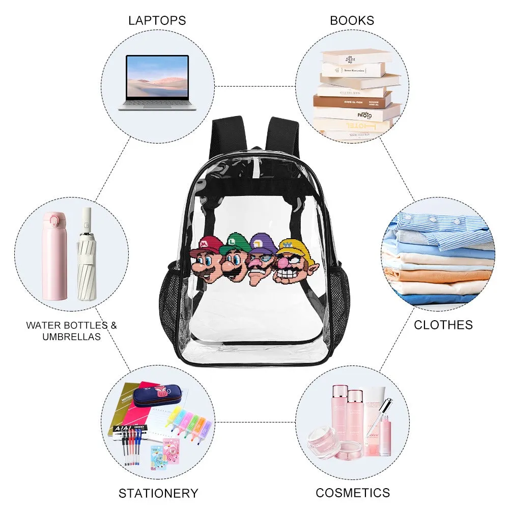 Mario Luigi Wario Waluigi Transparent Backpack 17 Inch