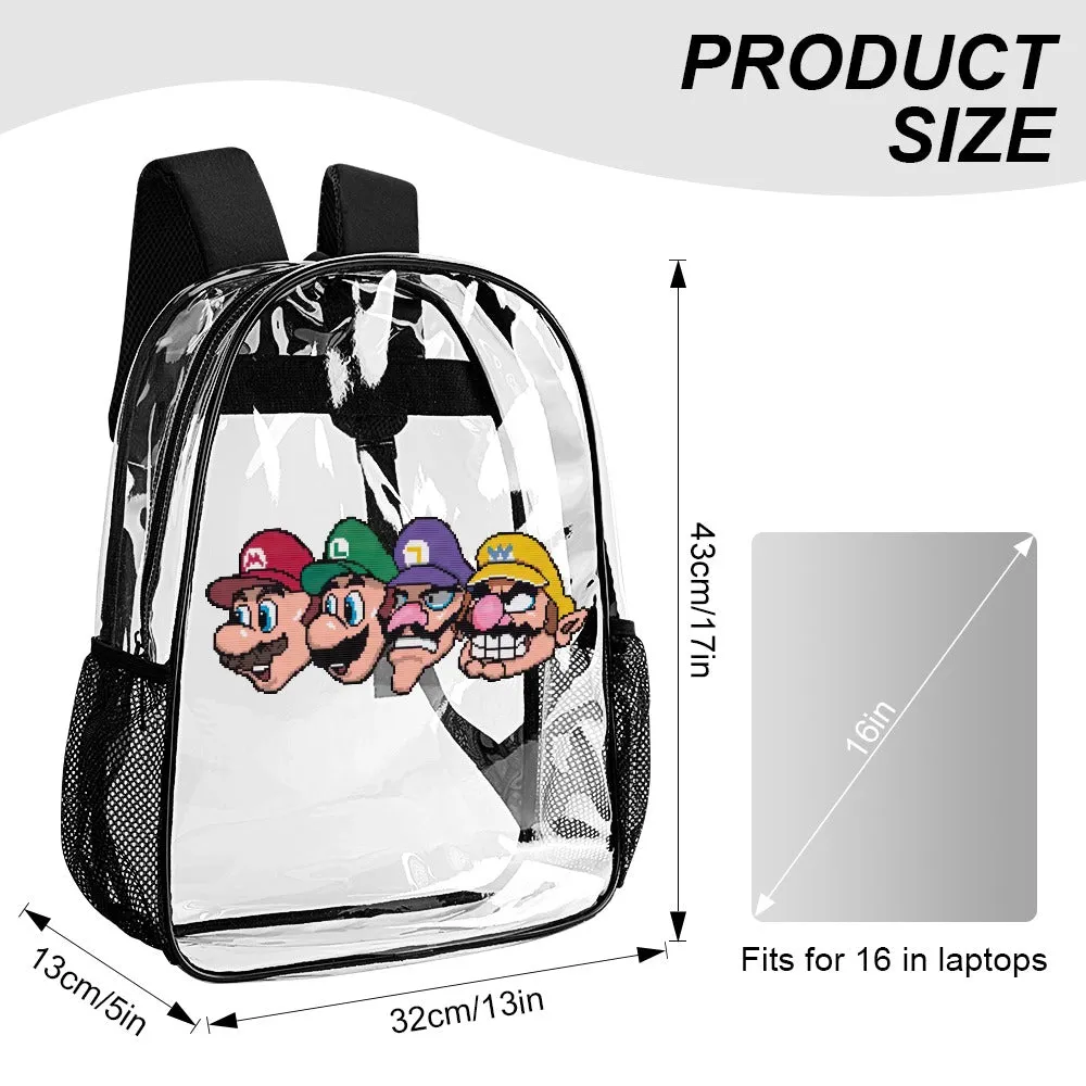 Mario Luigi Wario Waluigi Transparent Backpack 17 Inch