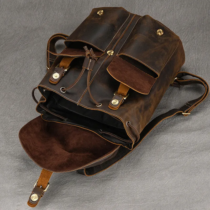Mens Leather Backpack 15 Inch Leather Laptop Backpack Retro Travel Backpack For Mens School Backpack