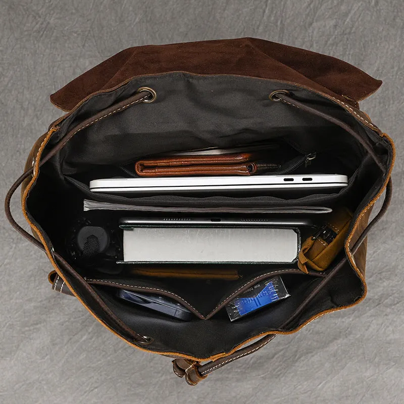 Mens Leather Backpack 15 Inch Leather Laptop Backpack Retro Travel Backpack For Mens School Backpack