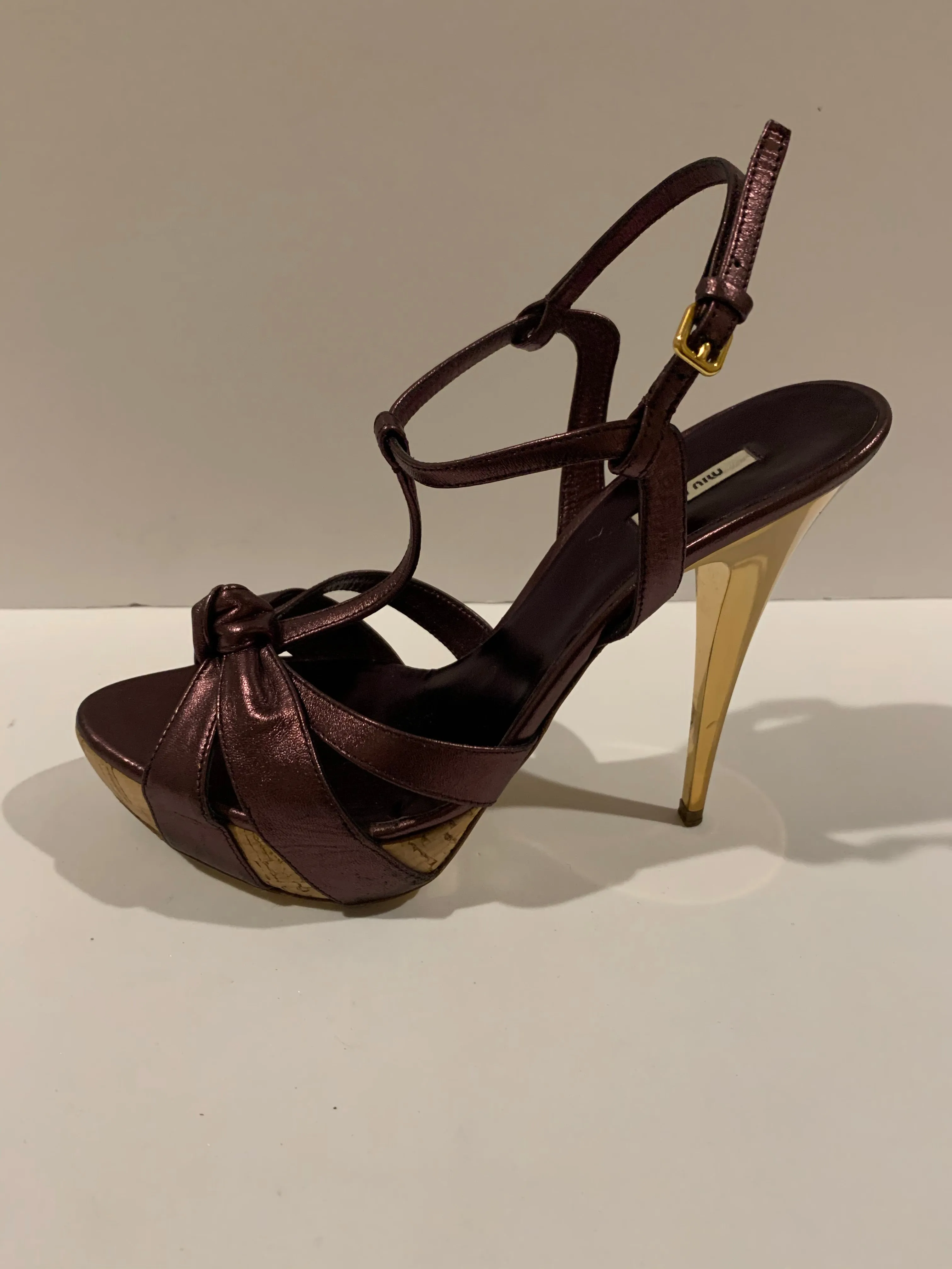Miu Miu metallic platform ankle strap heels 38.5