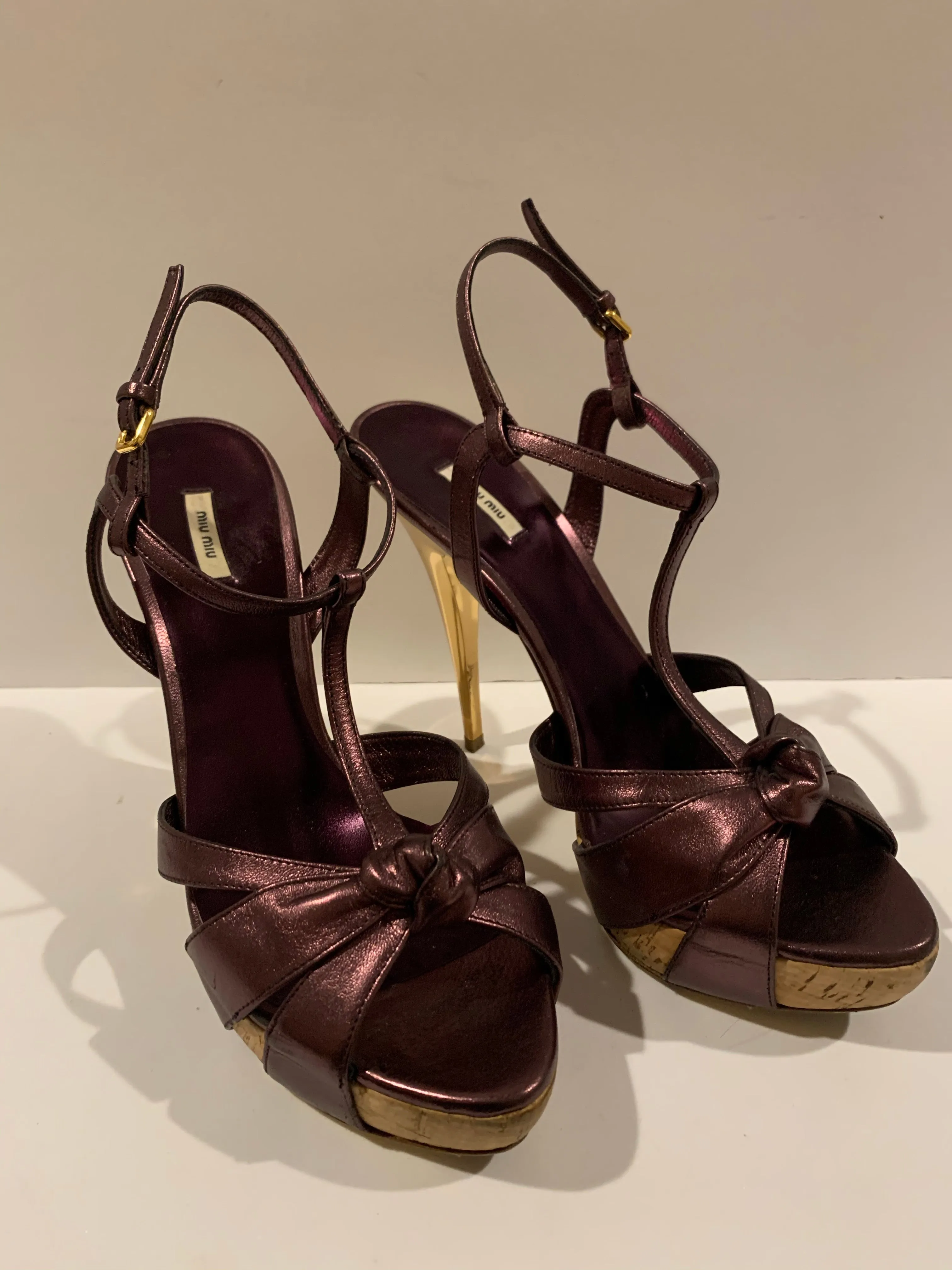 Miu Miu metallic platform ankle strap heels 38.5