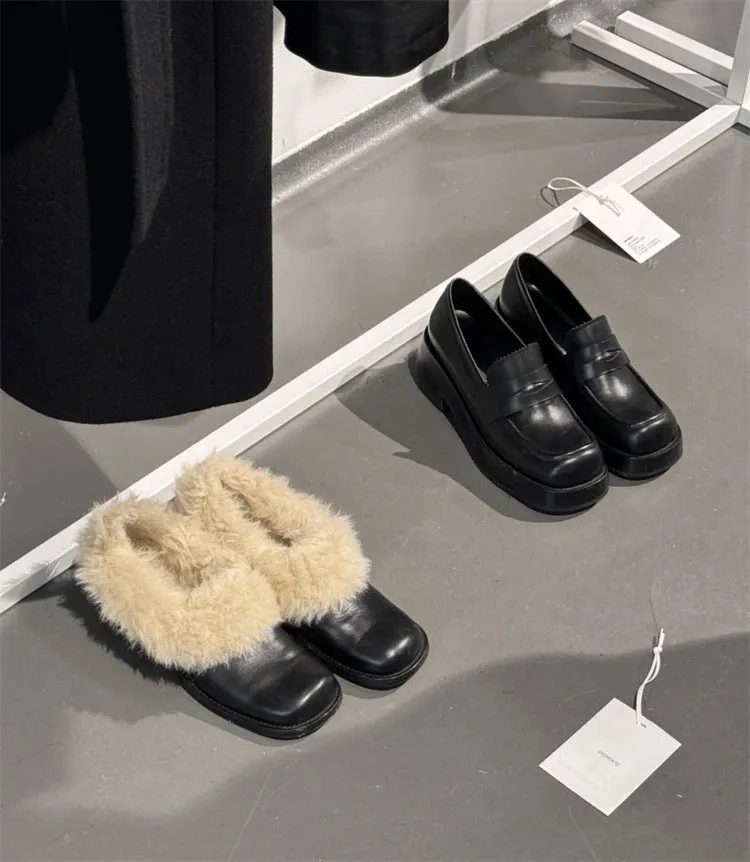 NEW & INSTOCK - Korean Style Leather Fluffy Loafers Shoes