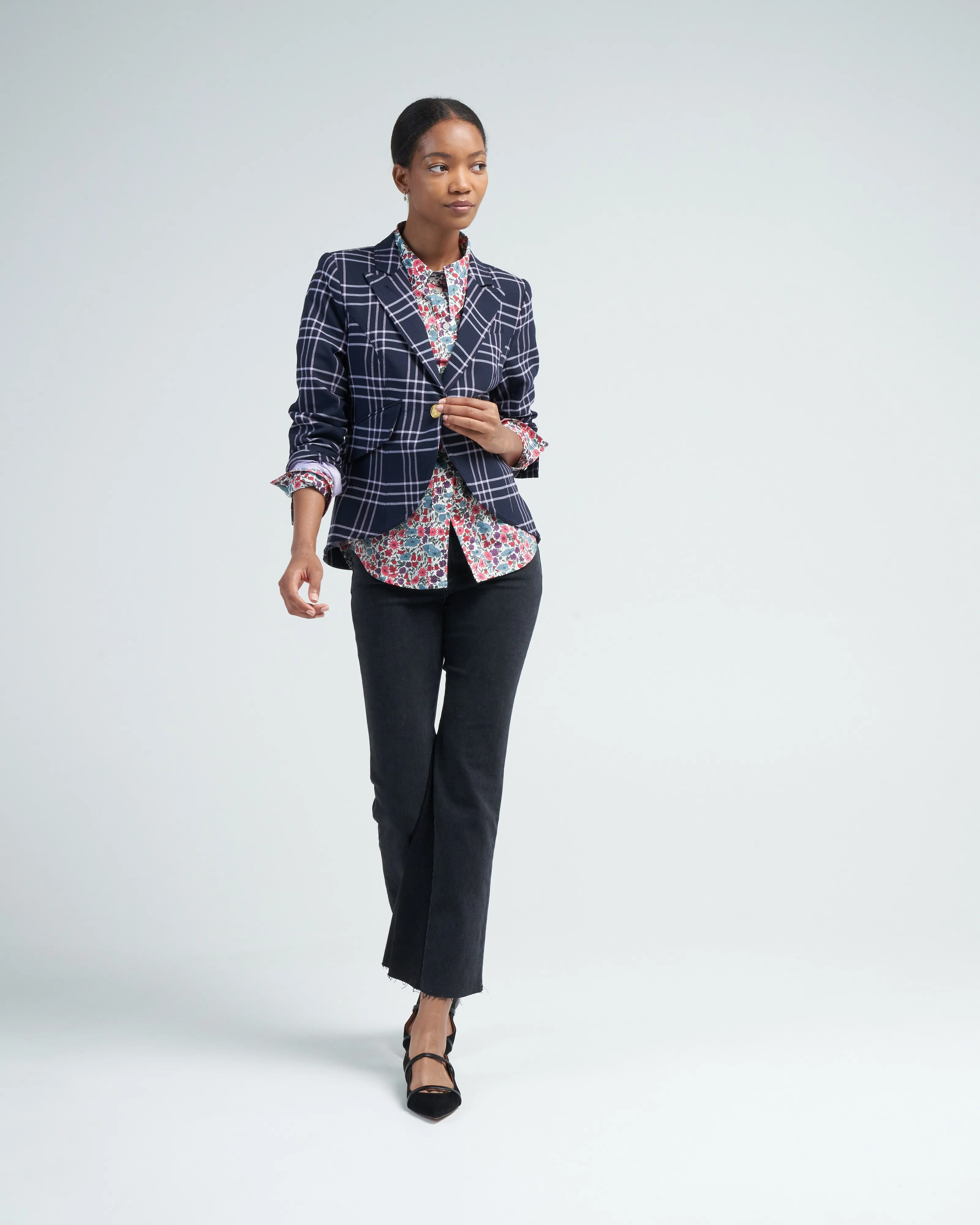 one button blazer - navy lilac grid
