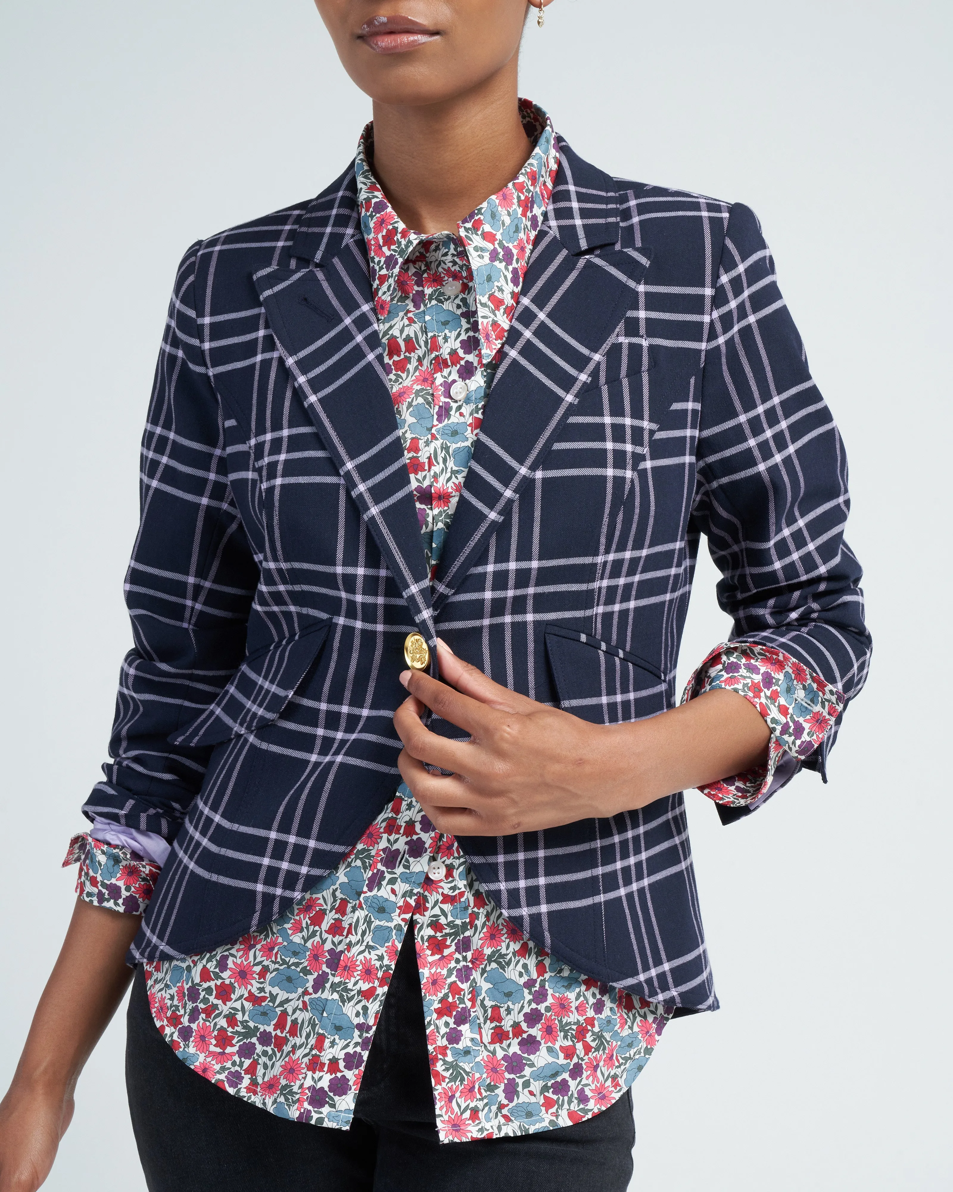 one button blazer - navy lilac grid