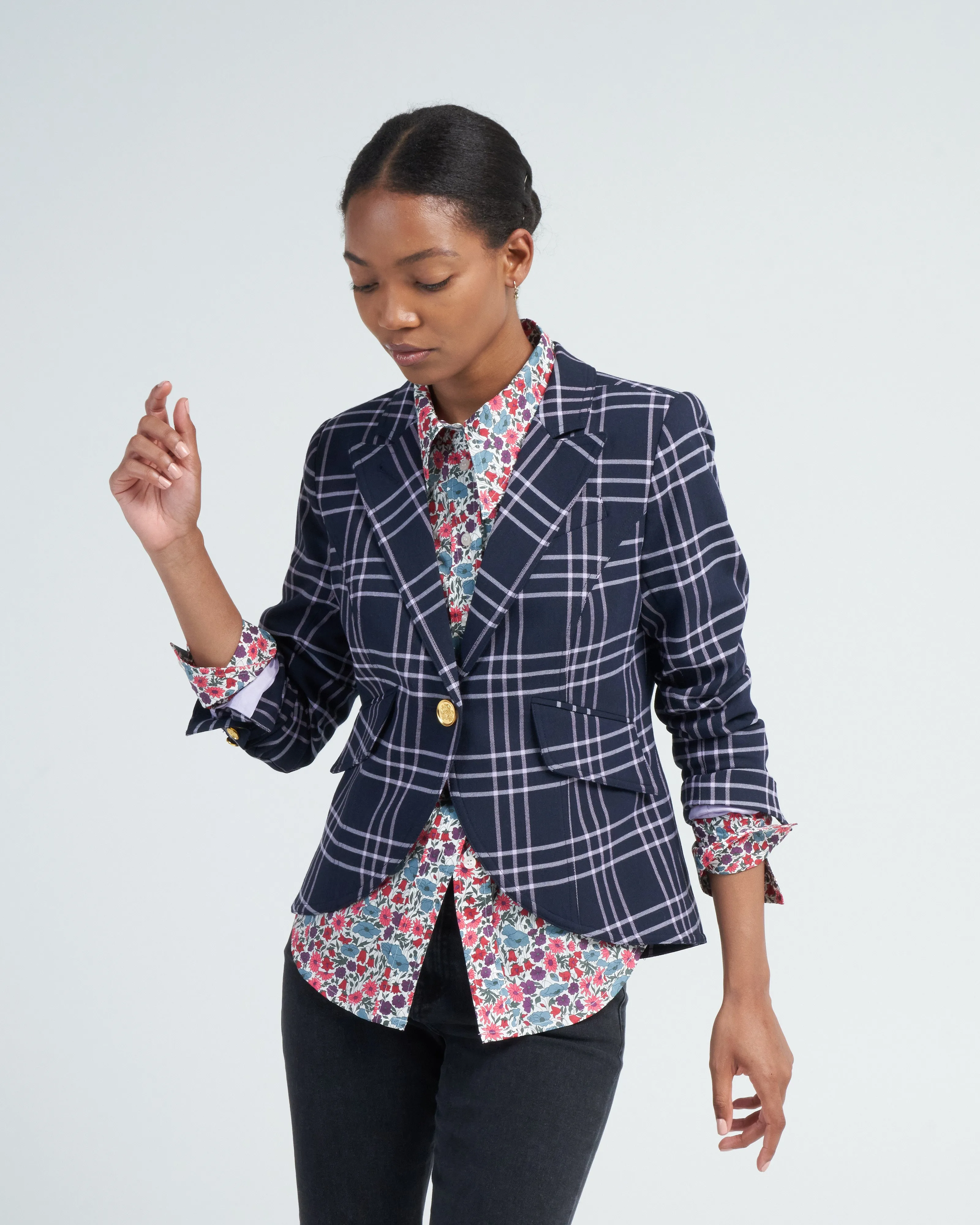 one button blazer - navy lilac grid