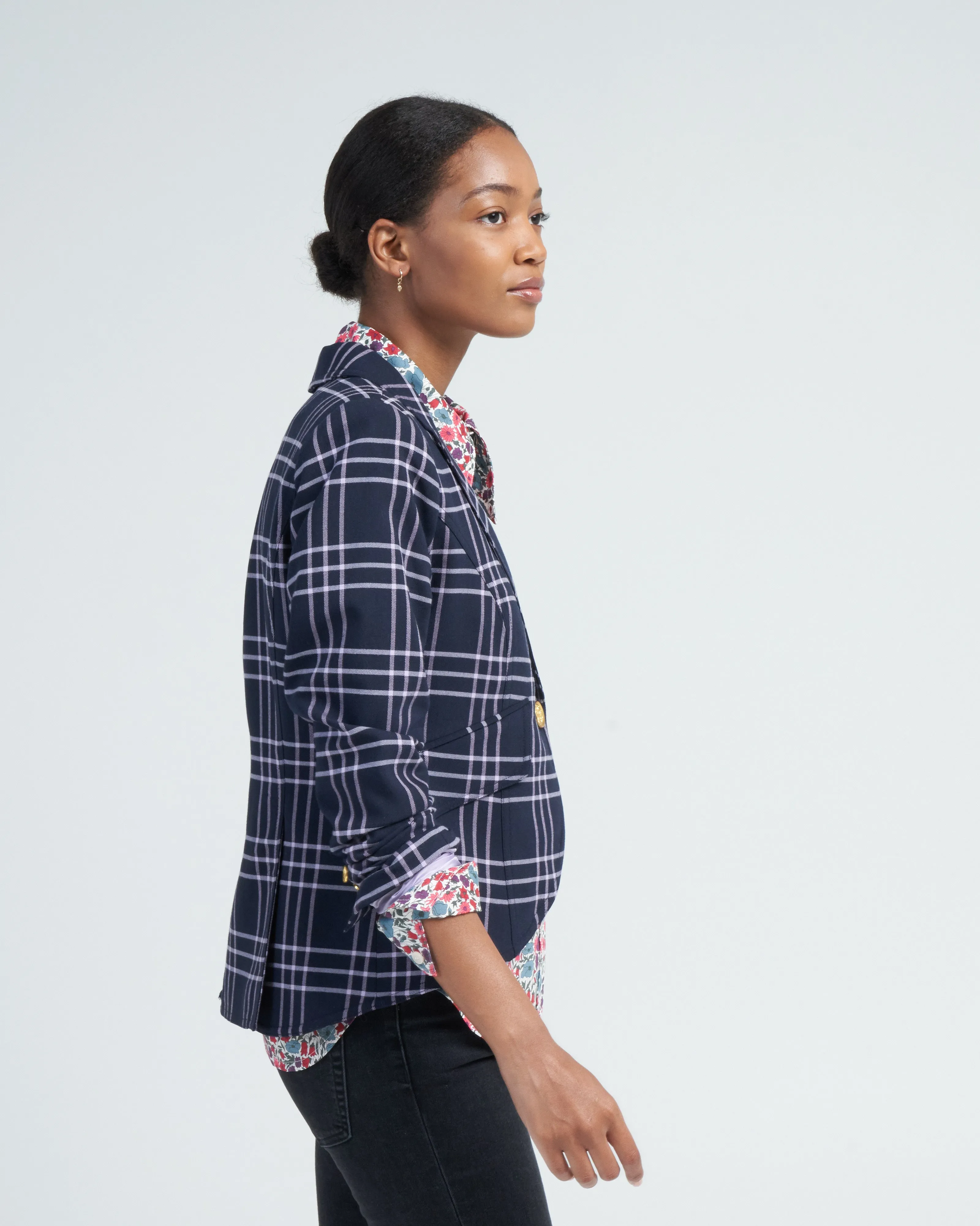 one button blazer - navy lilac grid