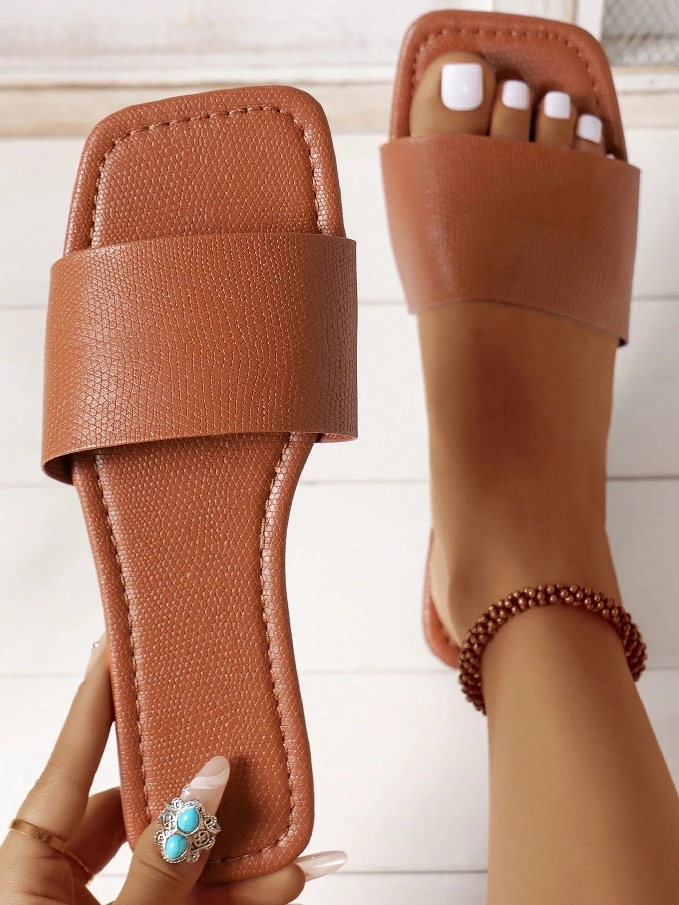 Open Toe Weave Slip On Flats Slouchy Slides
