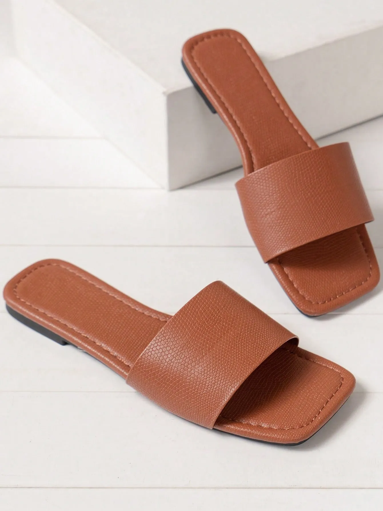 Open Toe Weave Slip On Flats Slouchy Slides
