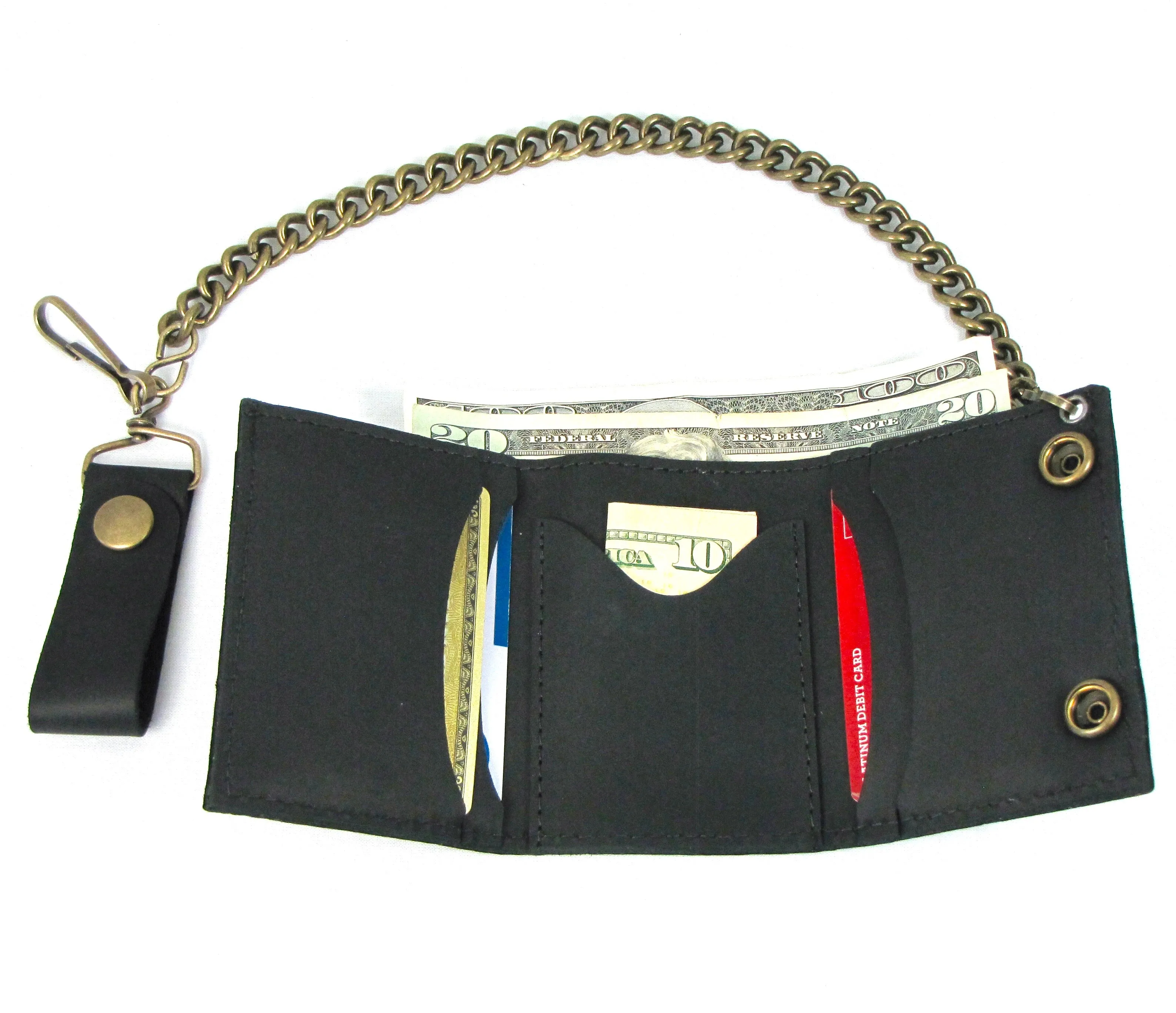 OTB334 Oil Tanned Tri-Fold Wallet w/ Antique Brass Chain & Snaps