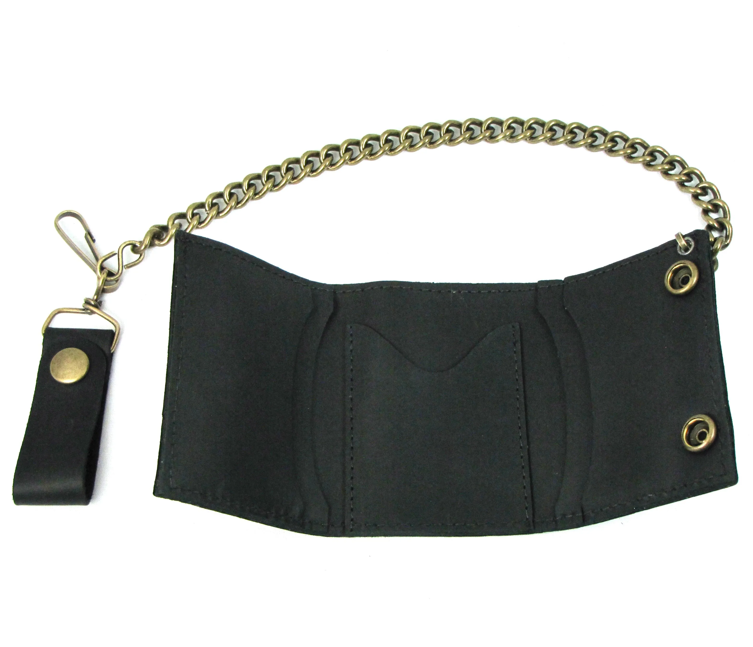 OTB334 Oil Tanned Tri-Fold Wallet w/ Antique Brass Chain & Snaps