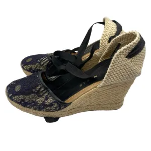 Palomitas Navy Lace Wedge Espadrille Black Lace Up Straps Sz 7.5