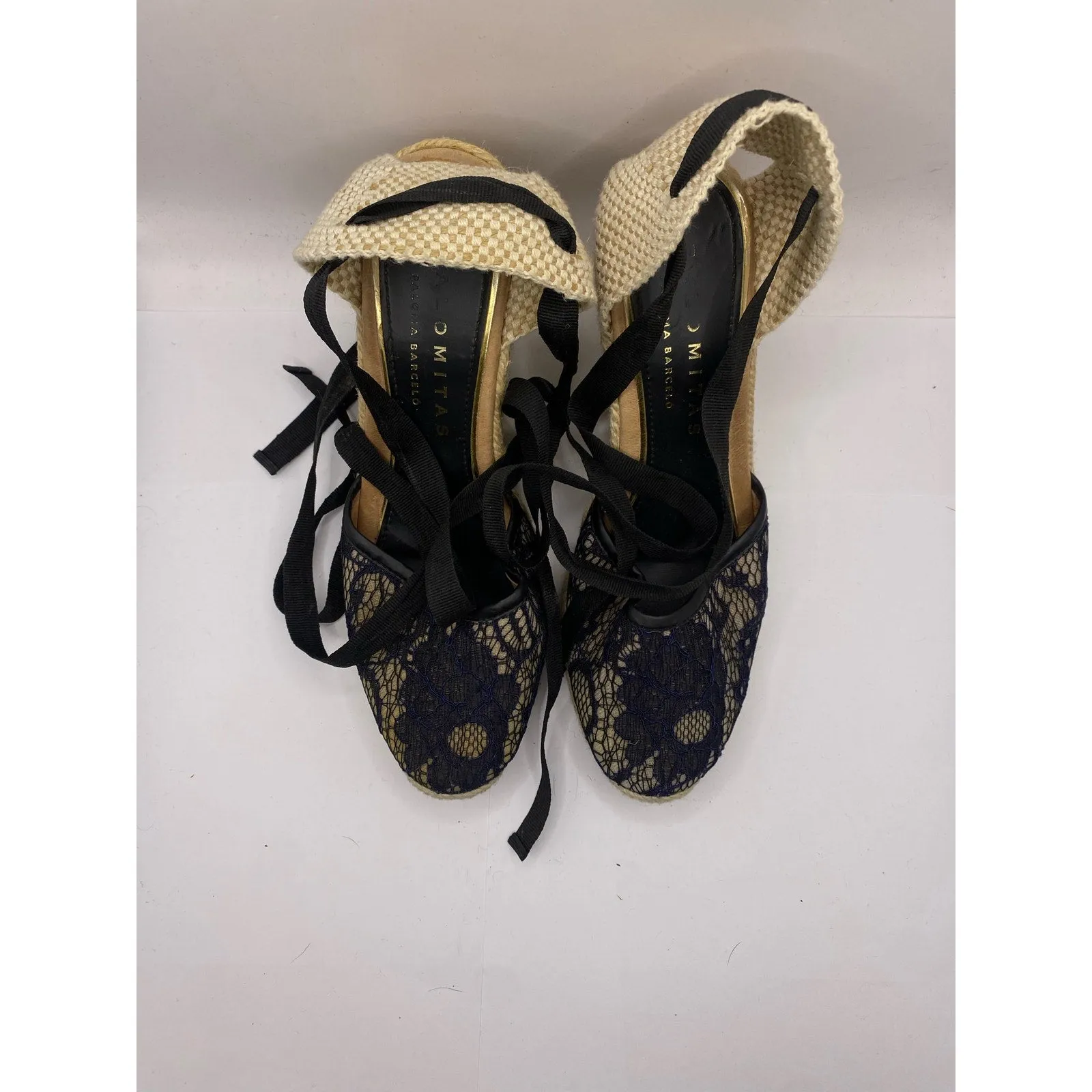 Palomitas Navy Lace Wedge Espadrille Black Lace Up Straps Sz 7.5