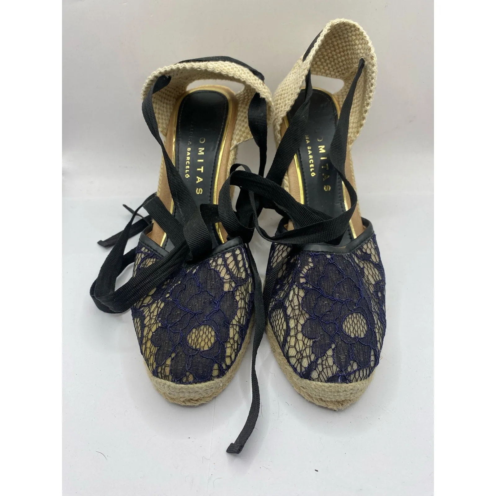 Palomitas Navy Lace Wedge Espadrille Black Lace Up Straps Sz 7.5