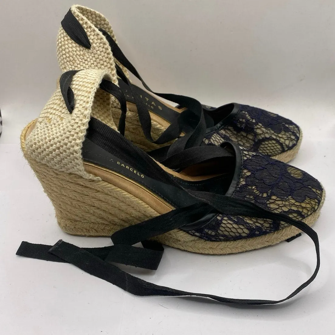 Palomitas Navy Lace Wedge Espadrille Black Lace Up Straps Sz 7.5