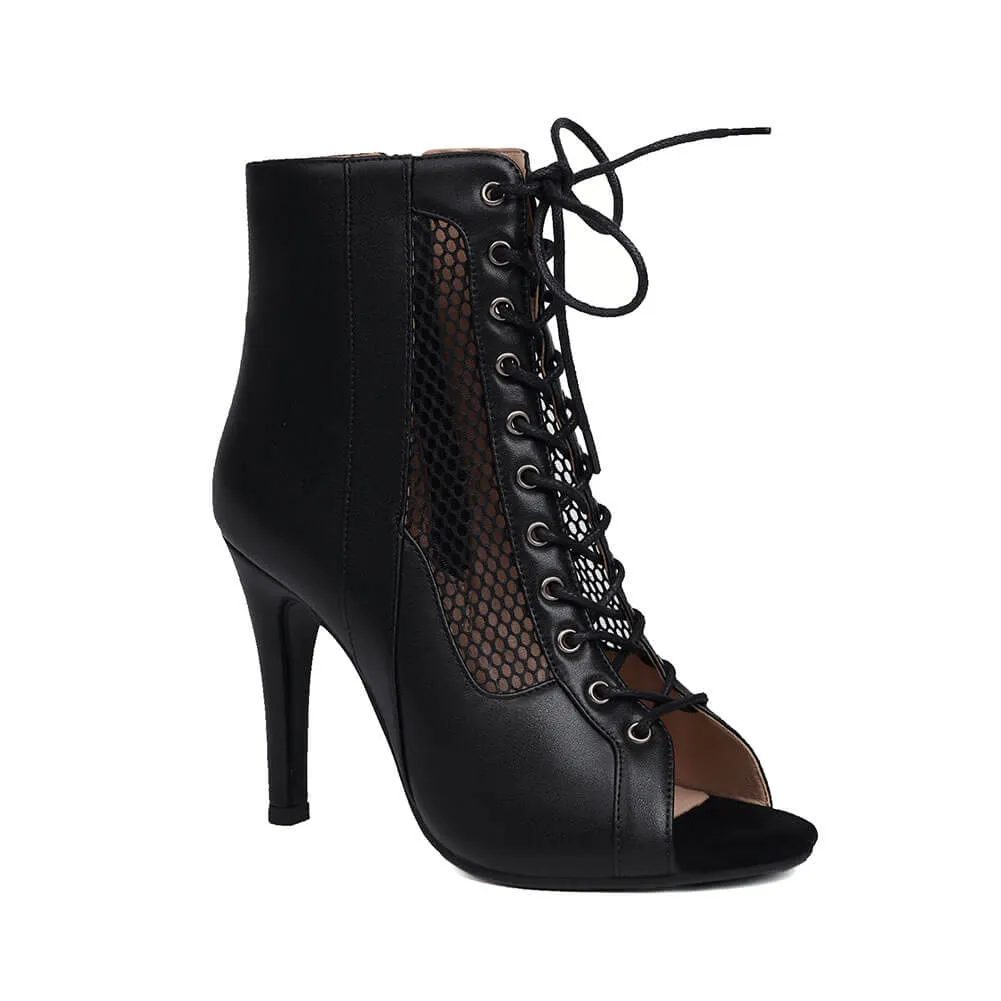 Peep Toe Lace-up Front Mesh Stiletto Heels Boots
