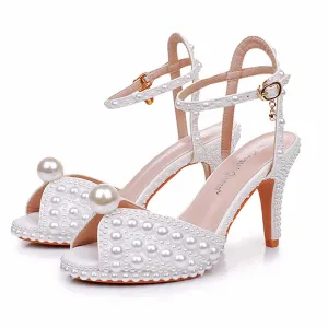 Peep Toe Wedding Shoes Pearls Detail Bridal Heels Prom Shoes