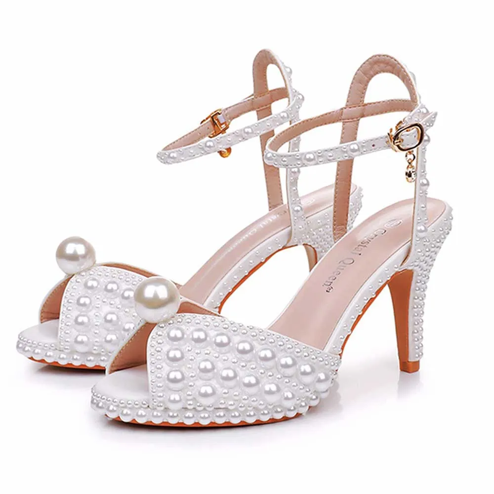 Peep Toe Wedding Shoes Pearls Detail Bridal Heels Prom Shoes