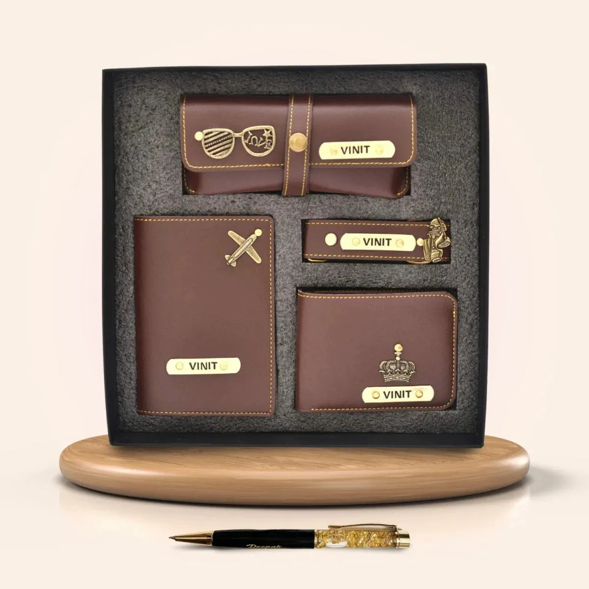 Personalized Pen & All in One Men's Combo (4 pcs) - Brown
