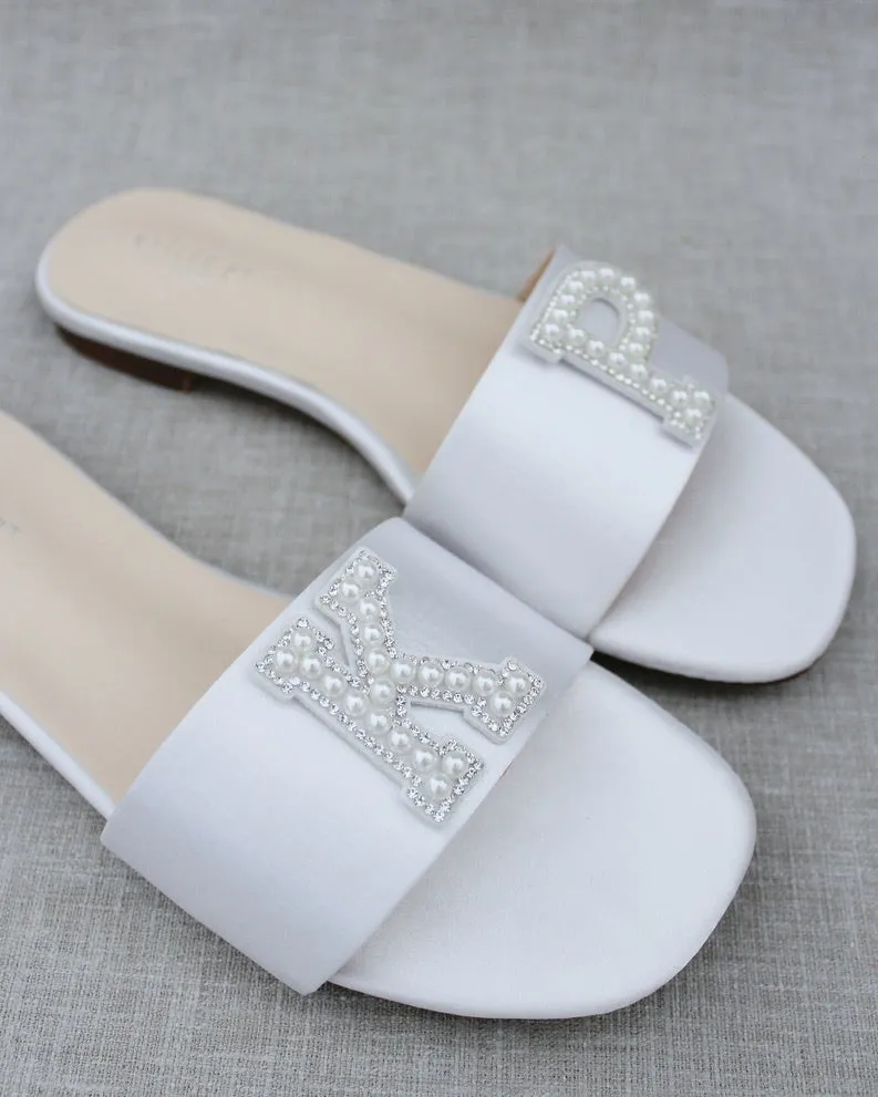 Personalized Satin Slip On Flat Wedding Sandals