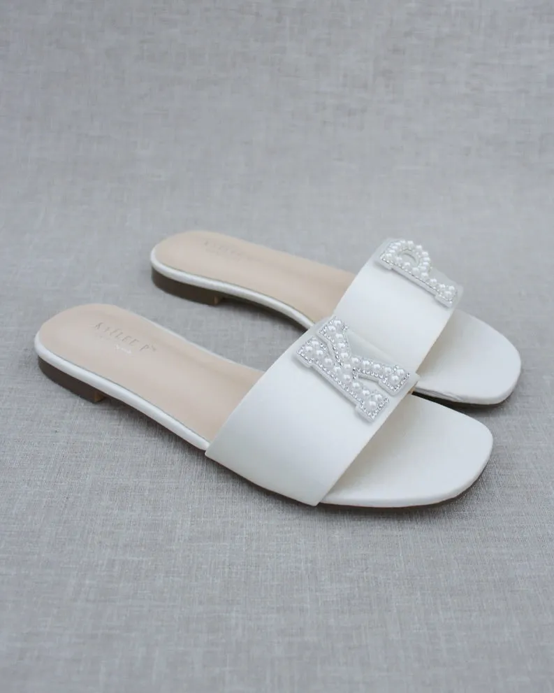 Personalized Satin Slip On Flat Wedding Sandals