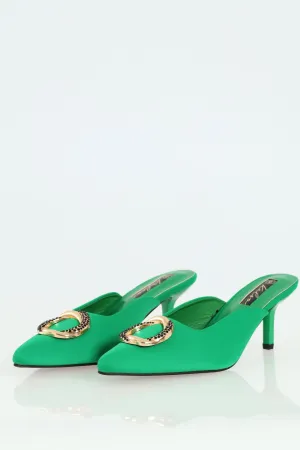 Pointy Kitten Mule Heel With Circle Buckle - Green