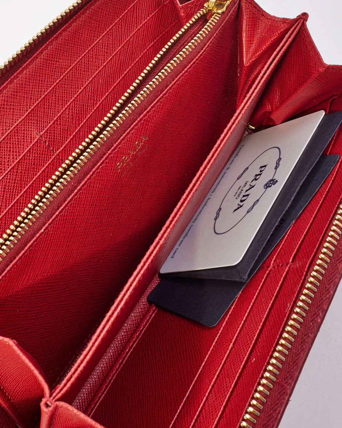 Prada Red Saffiano Leather Long Zip Around Wallet