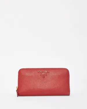 Prada Red Saffiano Leather Long Zip Around Wallet