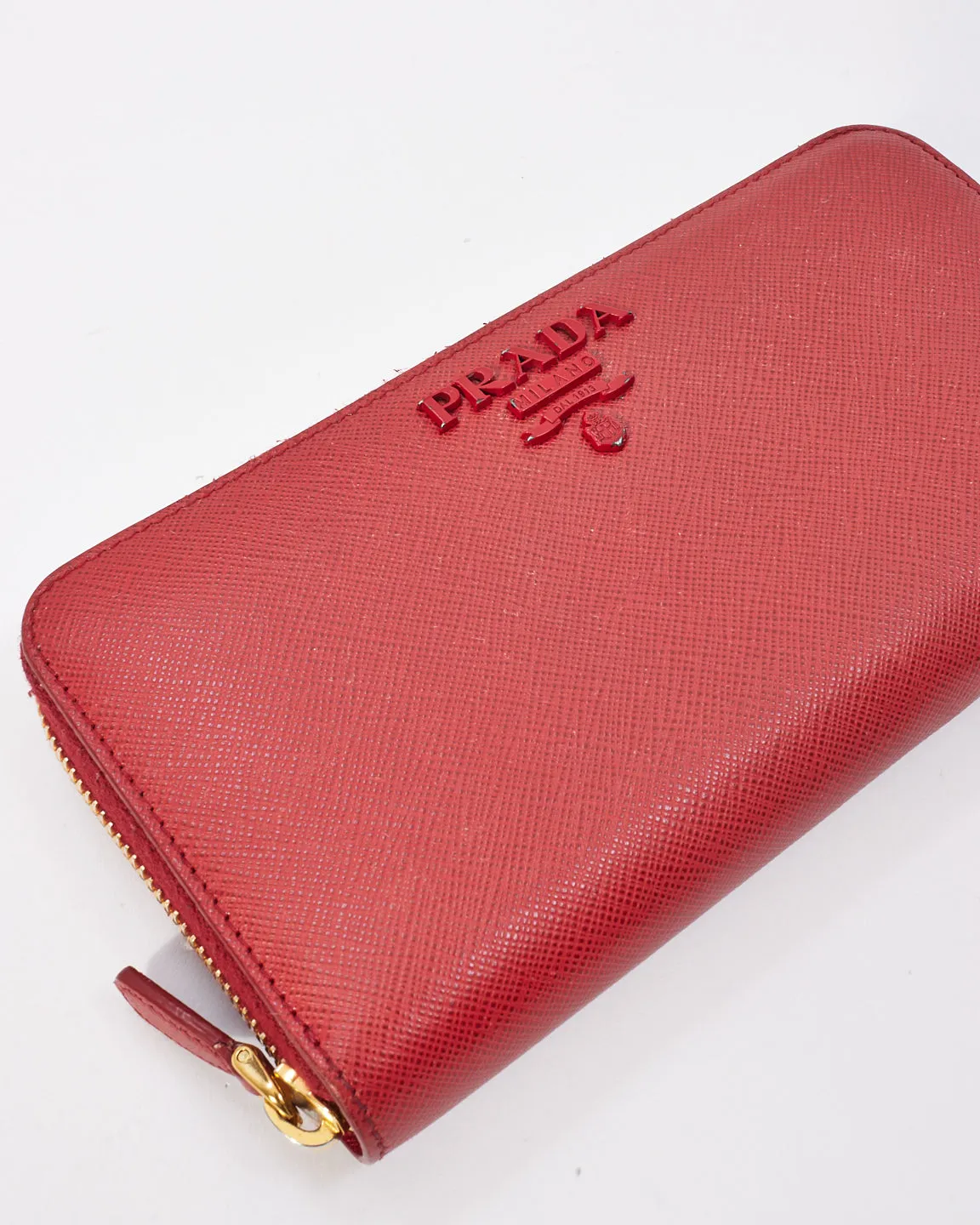 Prada Red Saffiano Leather Long Zip Around Wallet
