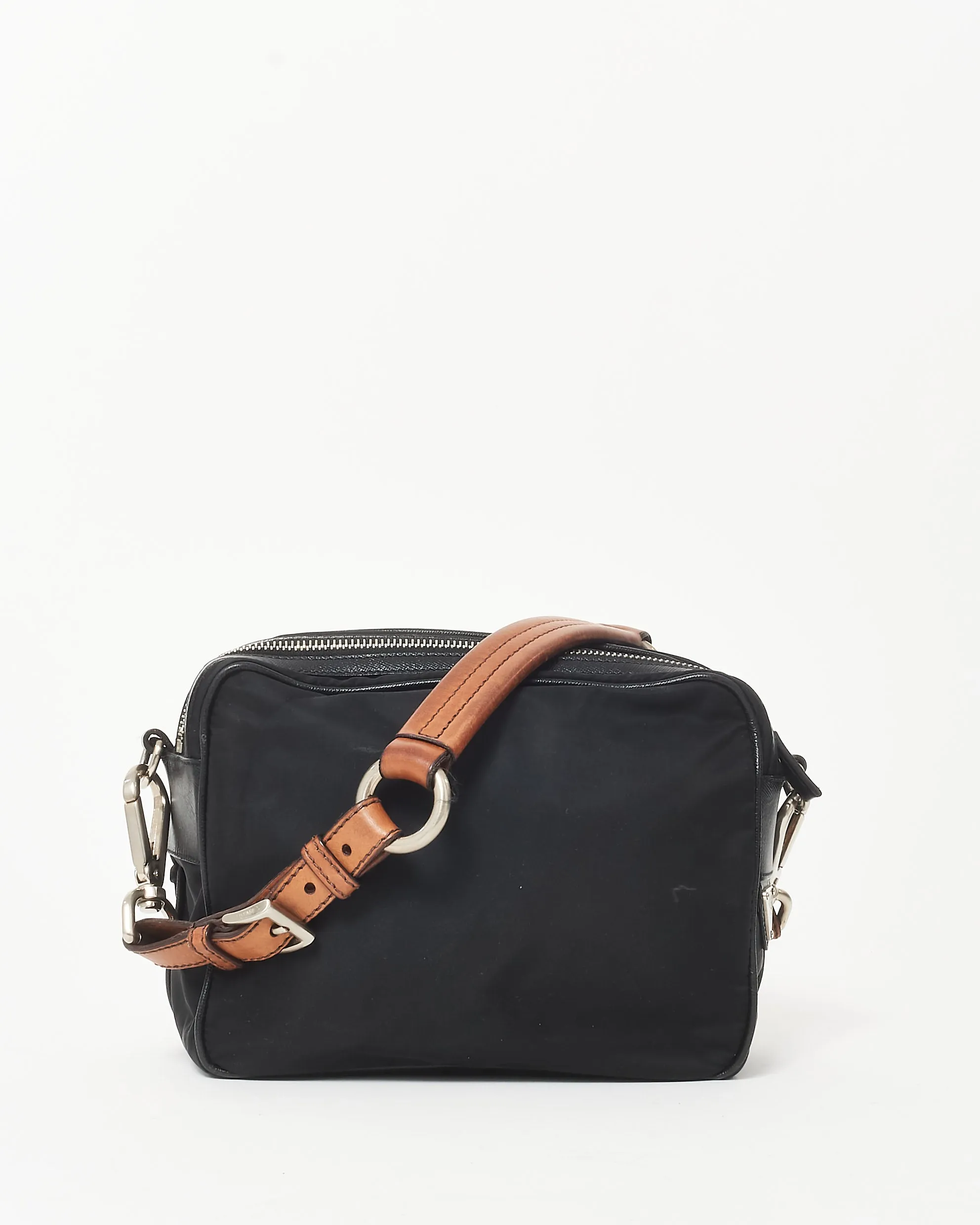 Prada Vintage Black Nylon & Brown Leather Strap Shoulder Bag