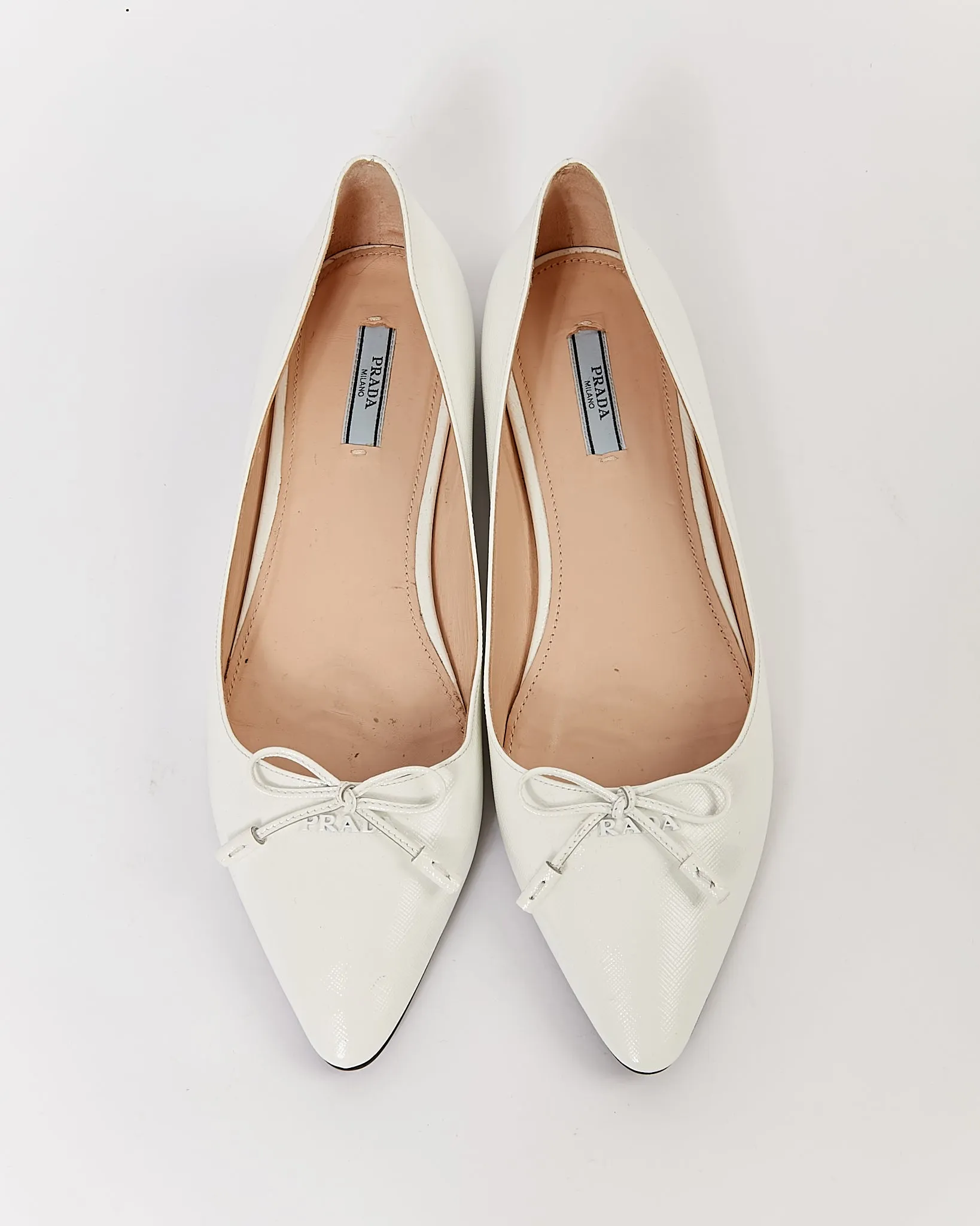 Prada White Leather Bow Pointed Toe Flats - 40