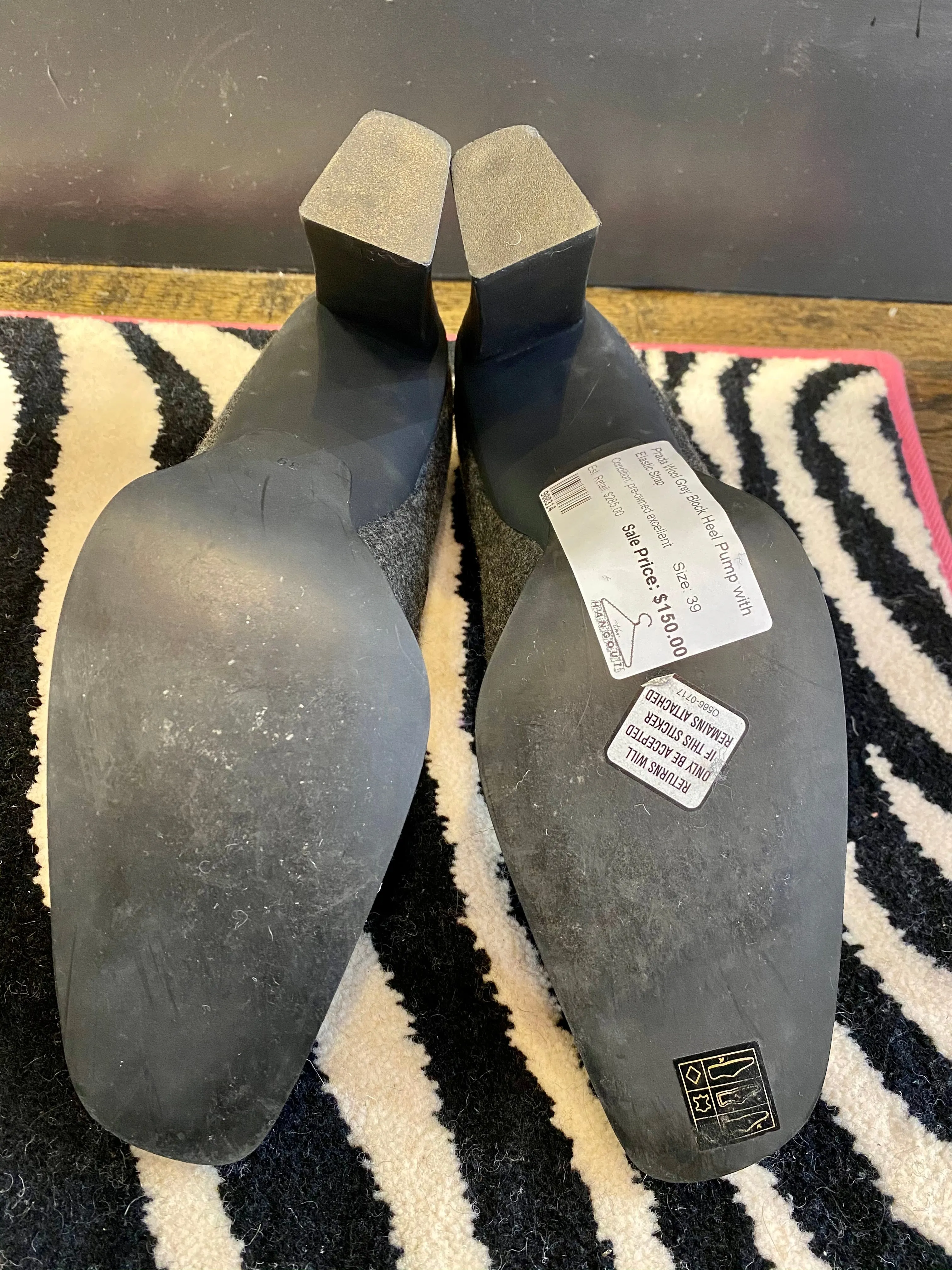 Prada Wool Grey Block Heel Pump with Elastic Strap