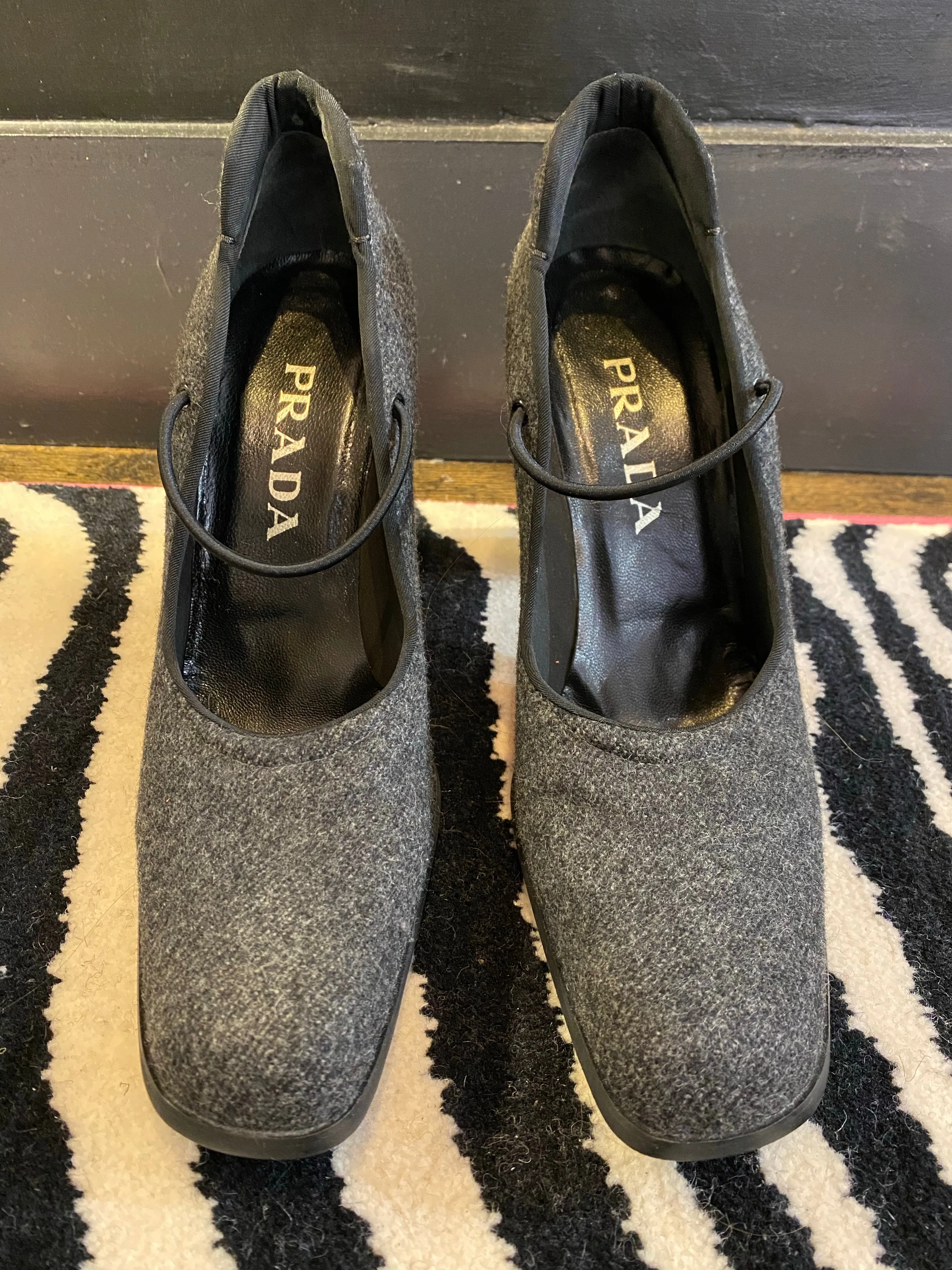 Prada Wool Grey Block Heel Pump with Elastic Strap