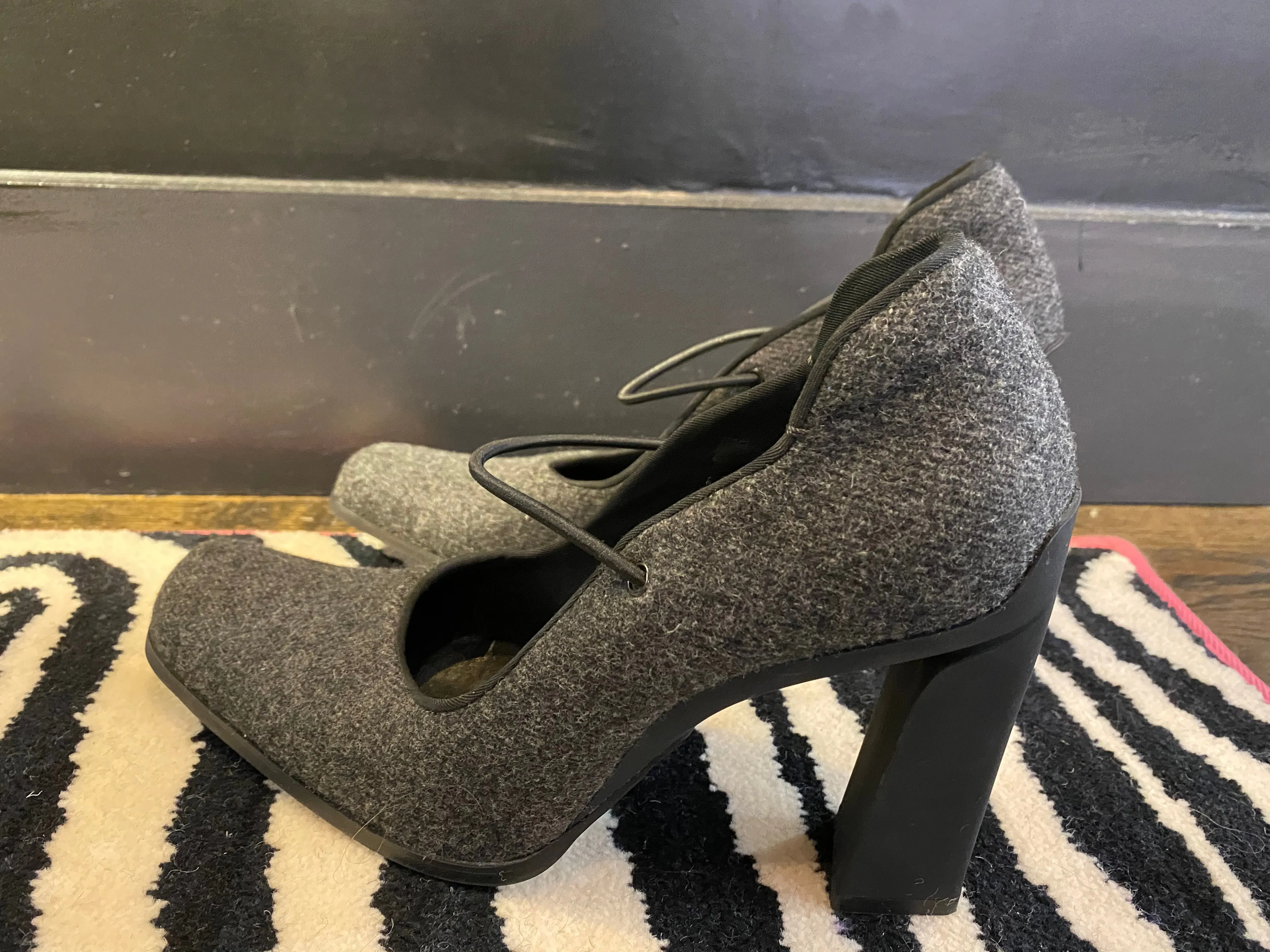 Prada Wool Grey Block Heel Pump with Elastic Strap