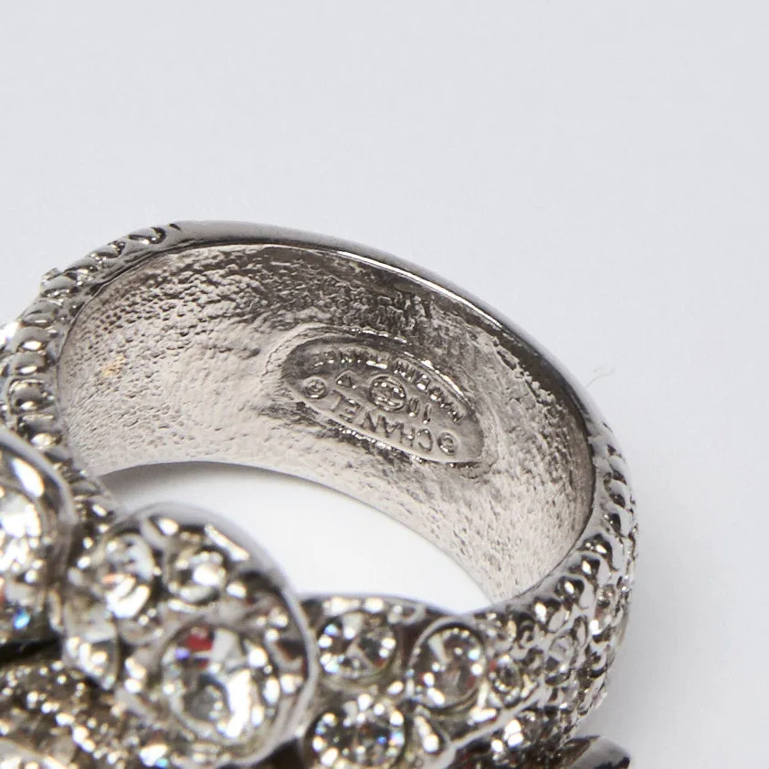 Pre-Loved™ Chanel Camelia Flower Strass Silver and Rinestone Ring