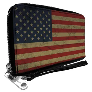 PU Zip Around Wallet Rectangle - American Flag Weathered Single