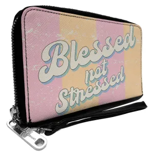 PU Zip Around Wallet Rectangle - BLESSED NOT STRESSED Quote Stripe Orange Pink White