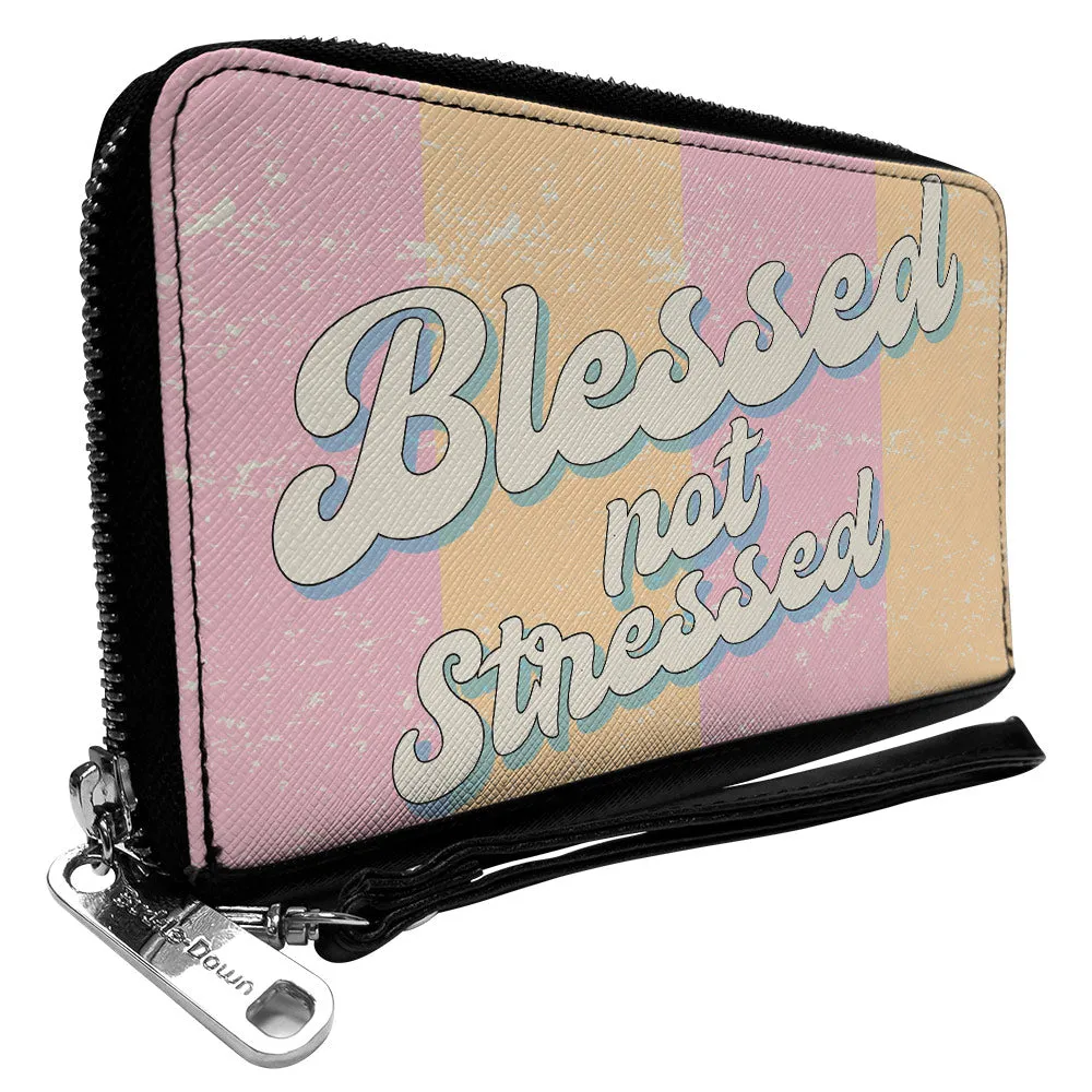 PU Zip Around Wallet Rectangle - BLESSED NOT STRESSED Quote Stripe Orange Pink White