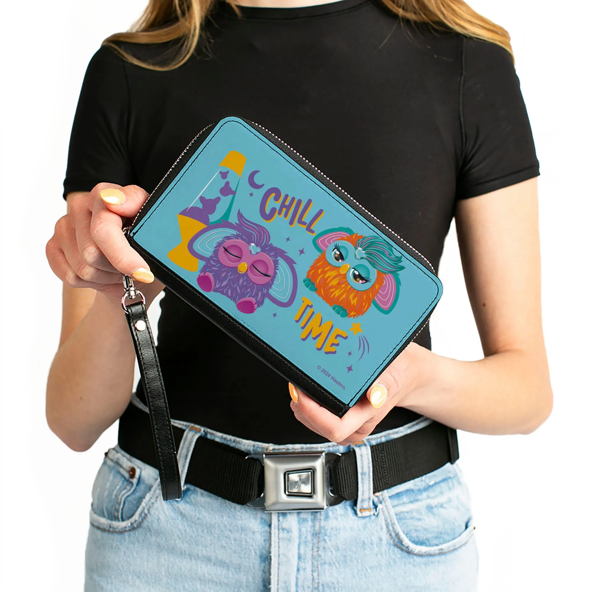 PU Zip Around Wallet Rectangle - Furby Purple and Orange Furby CHILL TIME Pose Blue/Purple