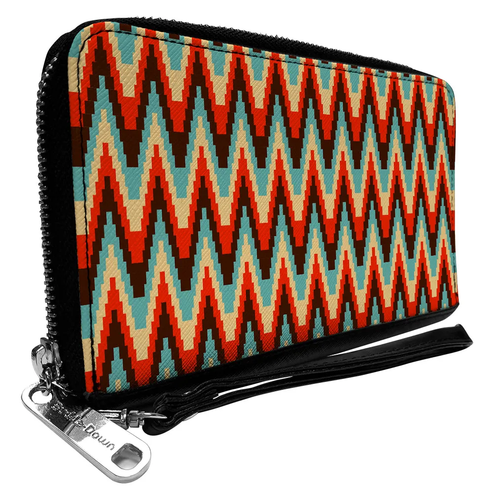 PU Zip Around Wallet Rectangle - Jagged Zig Zag Brown/Aqua/Cream/Red