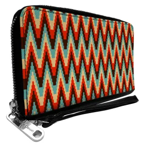 PU Zip Around Wallet Rectangle - Jagged Zig Zag Brown/Aqua/Cream/Red