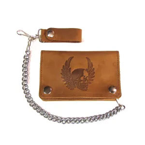 PU429-58  Short Biker Wallet- Brown Skull w/ Wings