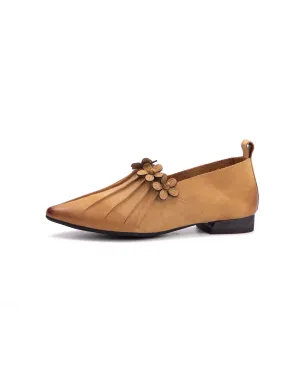 Real Leather Flower Decor Pointed Toe Flat Pumps